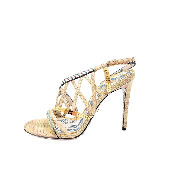 Gucci Python Ivory Strappy Gold Sequin High Heels Shoes EU 37.5 - Picture 2 of 7